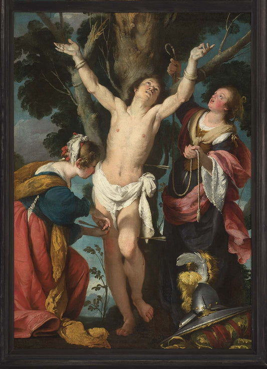 Saint Sebastian Tended by  Saint Irene and her Maid, vintage artwork by Bernardo Strozzi, 12x8" (A4) Poster
