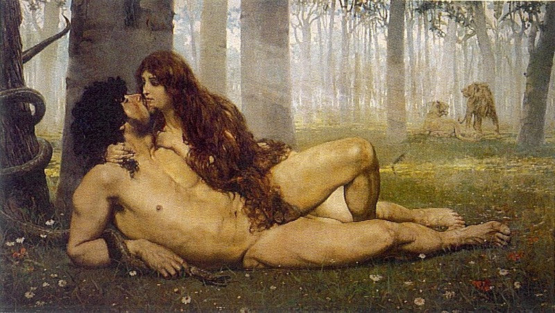 The First Kiss of Adam and Eve, vintage artwork by Salvador Viniegra y Lasso de la Vega, 12x8" (A4) Poster