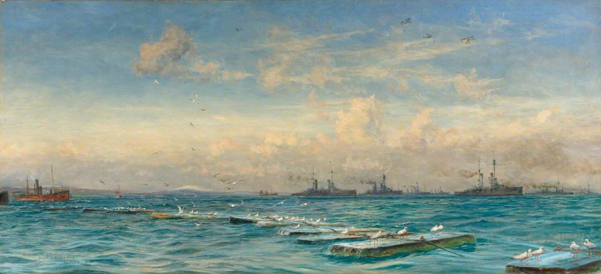 The German High Sea Fleet Caged in Scapa Flow, vintage artwork by William Lionel Wyllie, 12x8" (A4) Poster