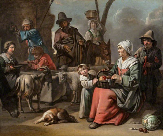 La marchande de legume (Peasant Family at a Well), vintage artwork by Mathieu Le Nain, 12x8" (A4) Poster