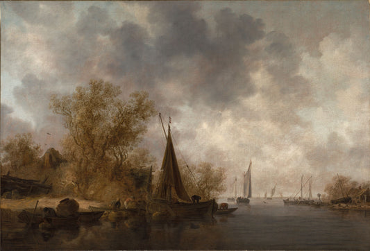 River Landscape with Fishing Boats, vintage artwork by Jan van Goyen, 12x8" (A4) Poster