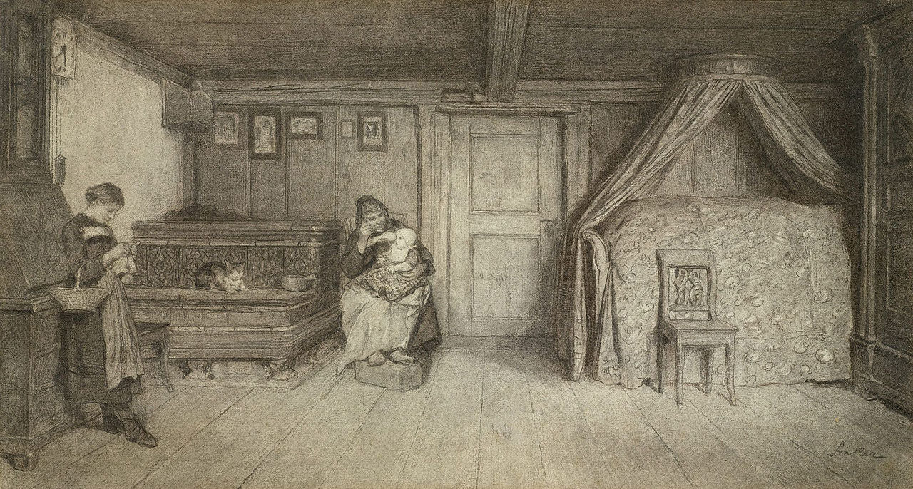 Family Scene in an Interior, vintage artwork by Albert Anker, 12x8" (A4) Poster