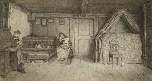 Family Scene in an Interior, vintage artwork by Albert Anker, 12x8" (A4) Poster