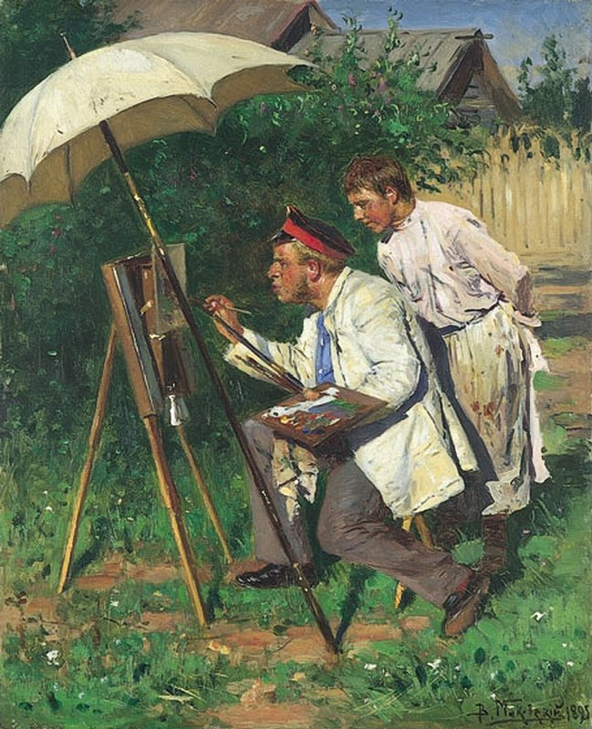 Painter and His Student, vintage artwork by Vladimir Yegorovich Makovsky, 12x8" (A4) Poster