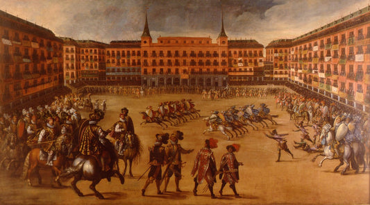 Feast at the Plaza Mayor, vintage artwork by Juan de la Corte, 12x8" (A4) Poster