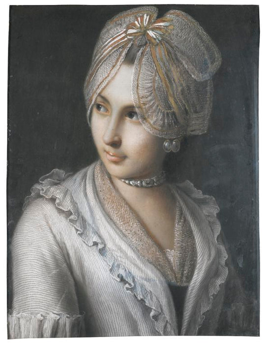 Portrait of a young lady with a lace cap and jewelled choker, vintage artwork by Pietro Antonio Rotari, 12x8" (A4) Poster