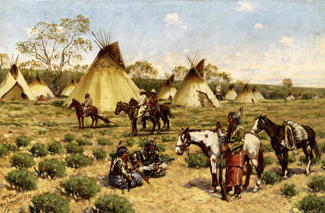 Sioux Encampment, Porcupine, vintage artwork by John Hauser, 12x8" (A4) Poster
