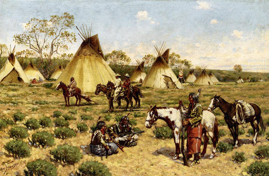 Sioux Encampment, Porcupine, vintage artwork by John Hauser, 12x8" (A4) Poster