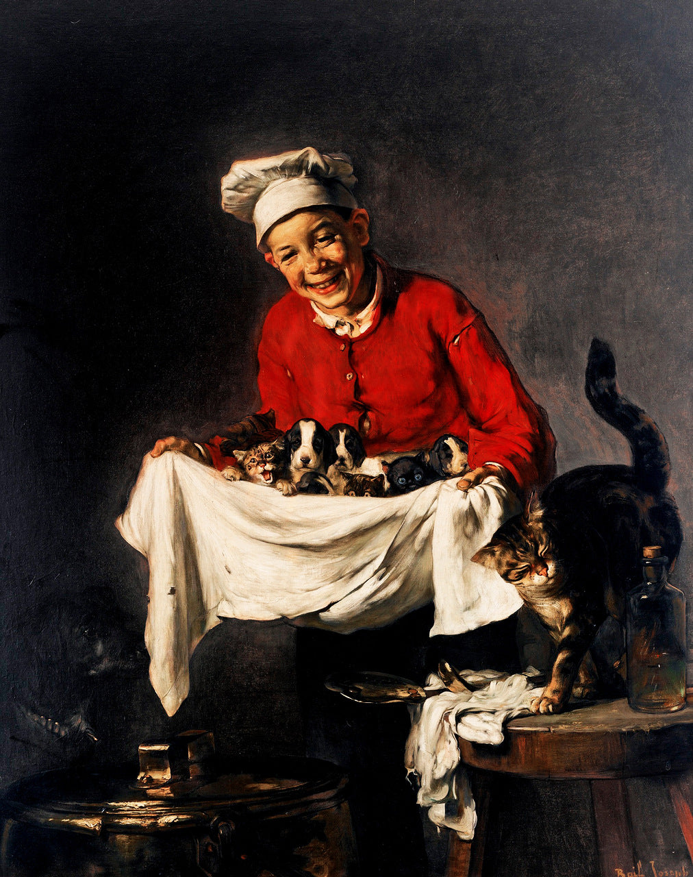 Jeune Commis avec Chiots et Chatons by Claude Joseph Bail,A3(16x12")Poster