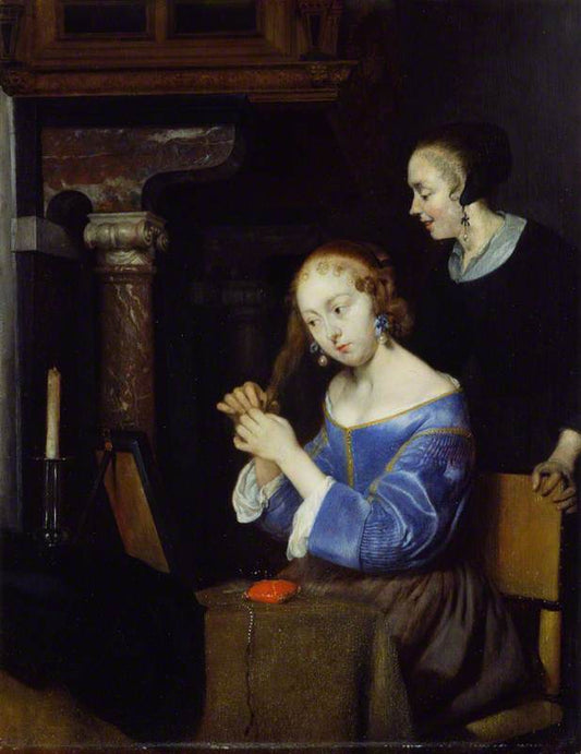 A Lady Dressing her Hair, vintage artwork by Gerard ter Borch, 12x8" (A4) Poster