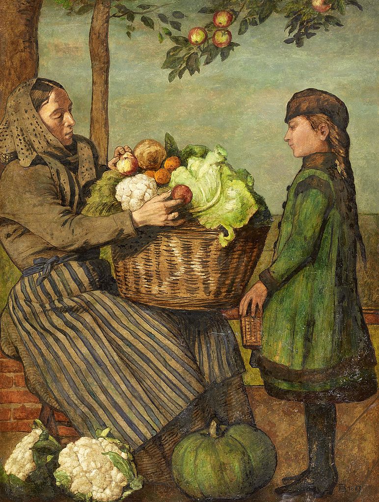 Grandmother and granddaughter with a basket of vegetables, vintage artwork by Hans Thoma, 12x8" (A4) Poster