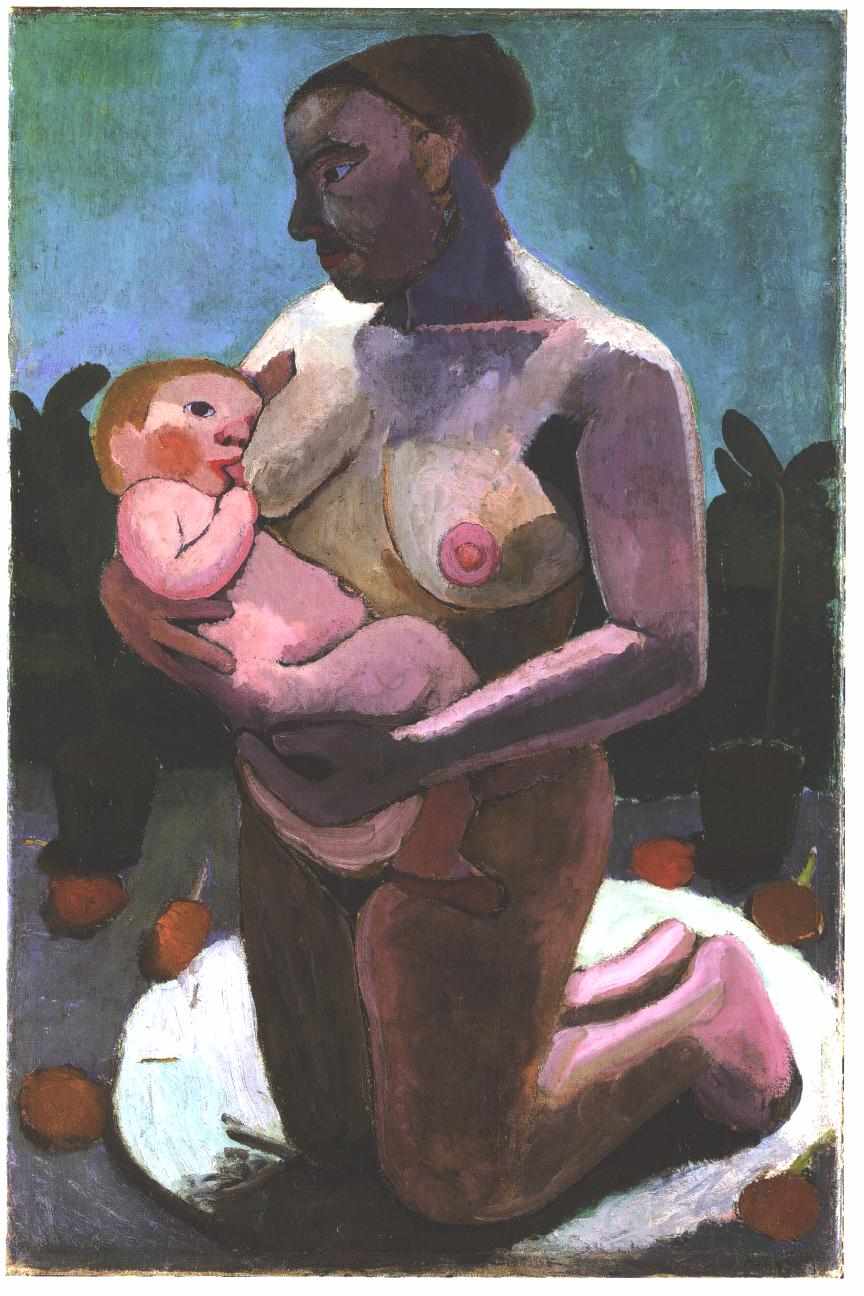 Kneeling breast feeding mother, vintage artwork by Paula Modersohn-Becker, 12x8" (A4) Poster