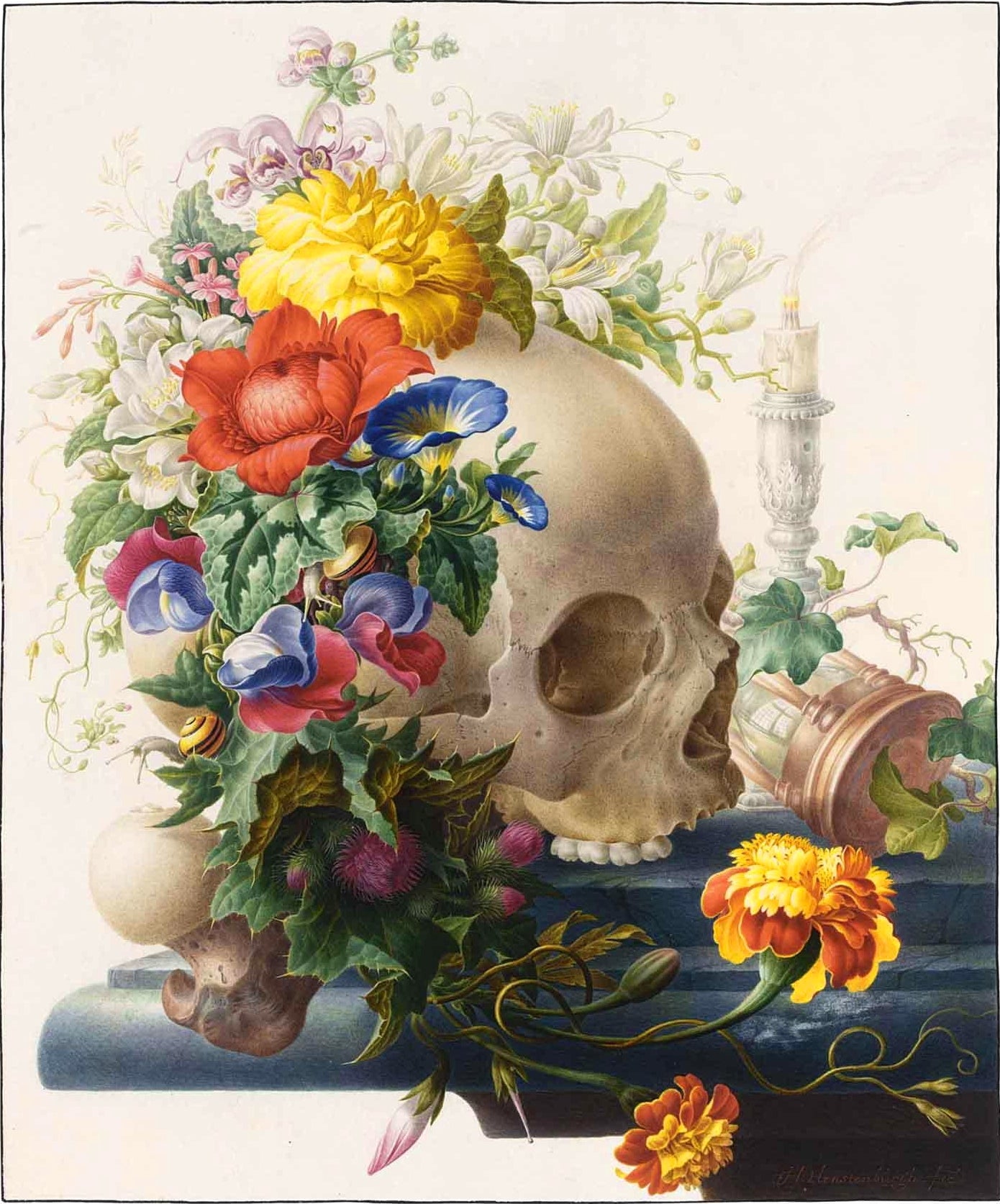 Vanitas Still Life, with a Skull Wreathed with Flowers, vintage artwork by Herman Henstenburgh, 12x8" (A4) Poster