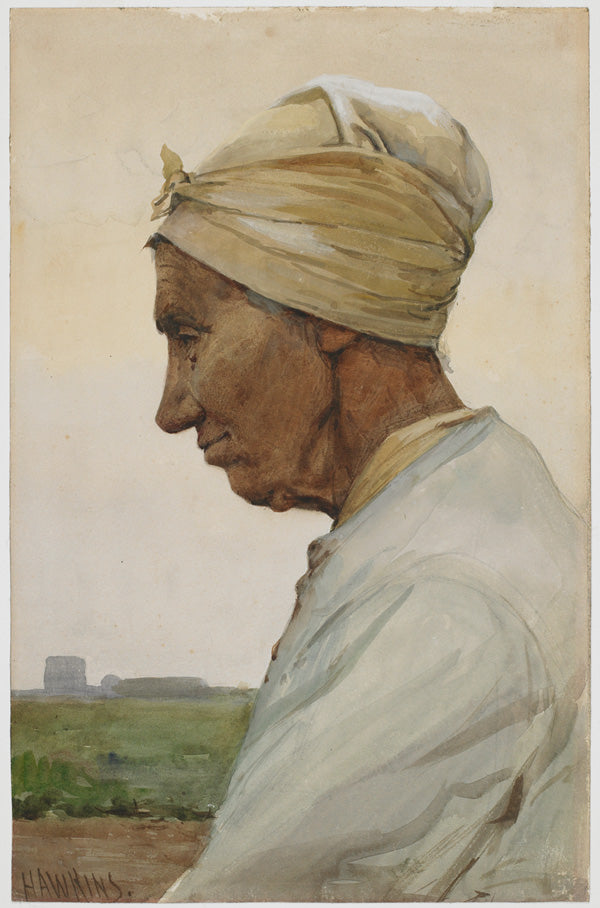 Peasant Woman in a Landscape, vintage artwork by Louis Welden Hawkins, 12x8