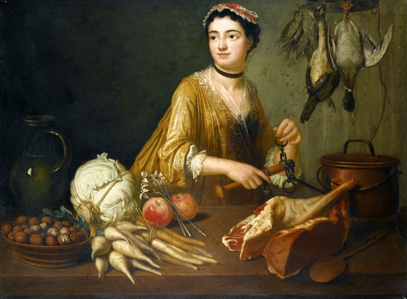 Kitchen Interior with Woman Preparing a Meal, vintage artwork by Andre Bouys, 12x8" (A4) Poster