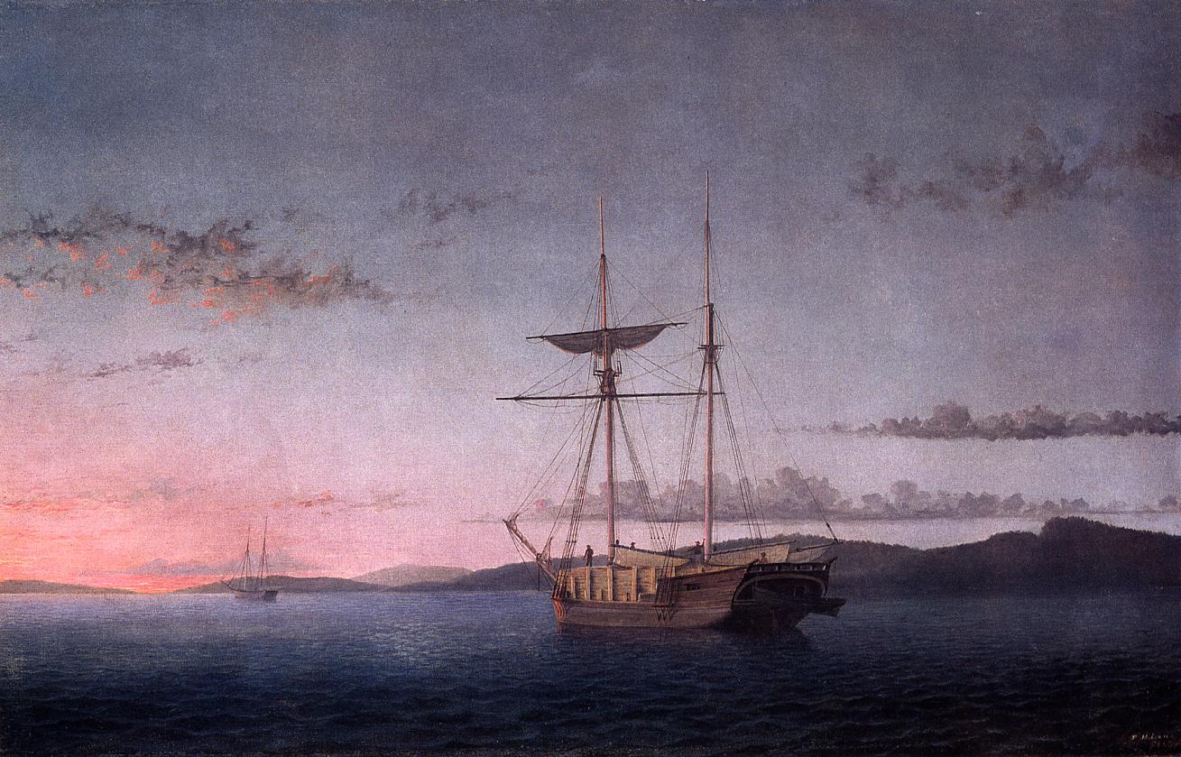 Lumber Schooners at Evening on Penobscot Bay, vintage artwork by Fitz Henry Lane, A3 (16x12") Poster Print