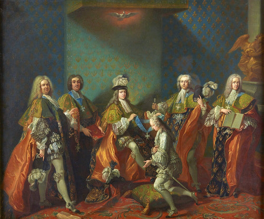 Louis XV Conferring the Order of the Holy Spirit on the Count de Clermont, vintage artwork by Jean-Baptiste Van Loo, 12x8" (A4) Poster