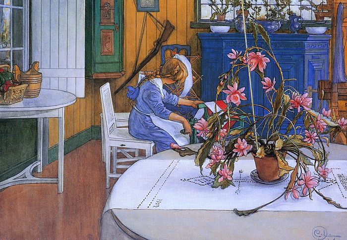 Interior with a Cactus, vintage artwork by Carl Larsson, 12x8" (A4) Poster