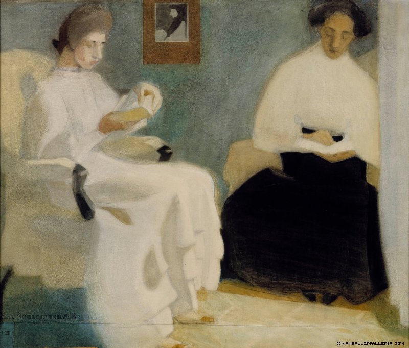 Girls Reading, vintage artwork by Helene Schjerfbeck, 12x8" (A4) Poster