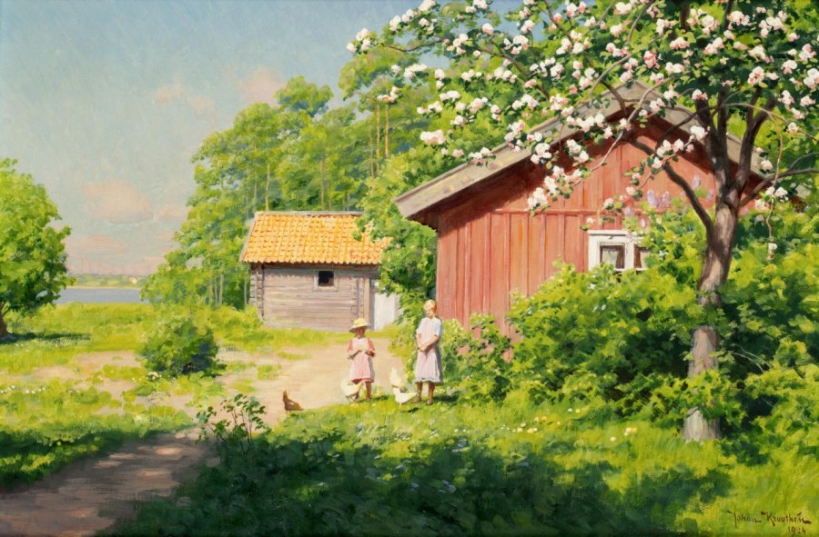 Children by the Cottage by Johan Krouthen,A3(16x12")Poster