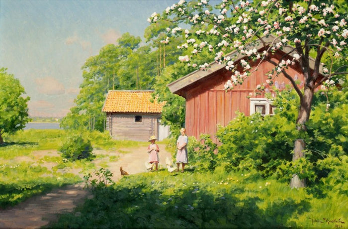 Children by the Cottage by Johan Krouthen,A3(16x12