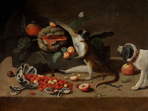 Monkey and Dog, vintage artwork by Jan van Kessel the Younger, 12x8" (A4) Poster
