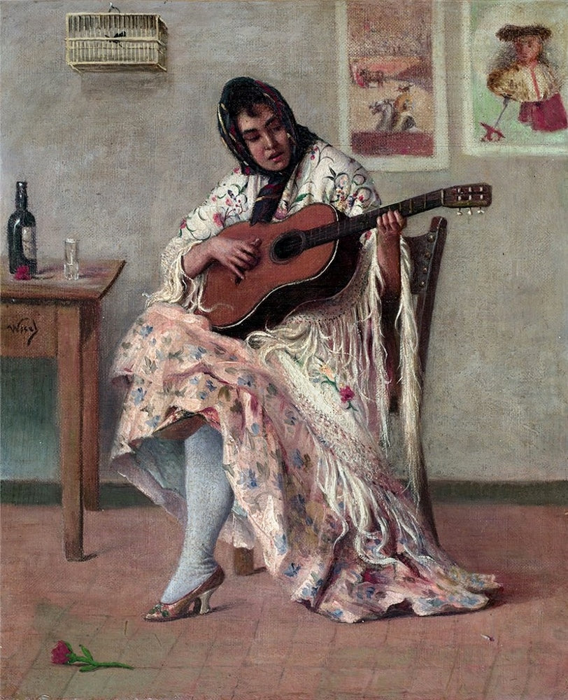 Gitana con guitarra, vintage artwork by Manuel Wssel de Giumbarda, 12x8" (A4) Poster