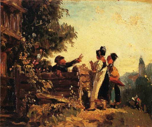 Swabian Girls at a Garden Fence, vintage artwork by Carl Spitzweg, A3 (16x12") Poster Print