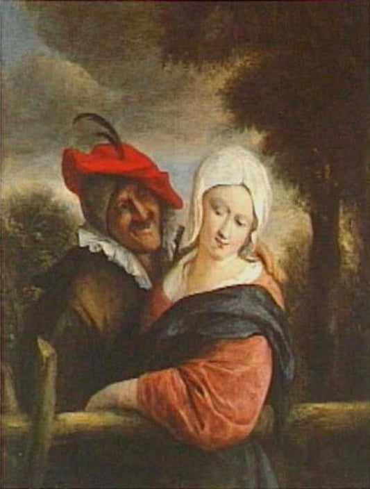 Amorous Couple at a Fence, vintage artwork by Jan Havicksz. Steen, 12x8" (A4) Poster