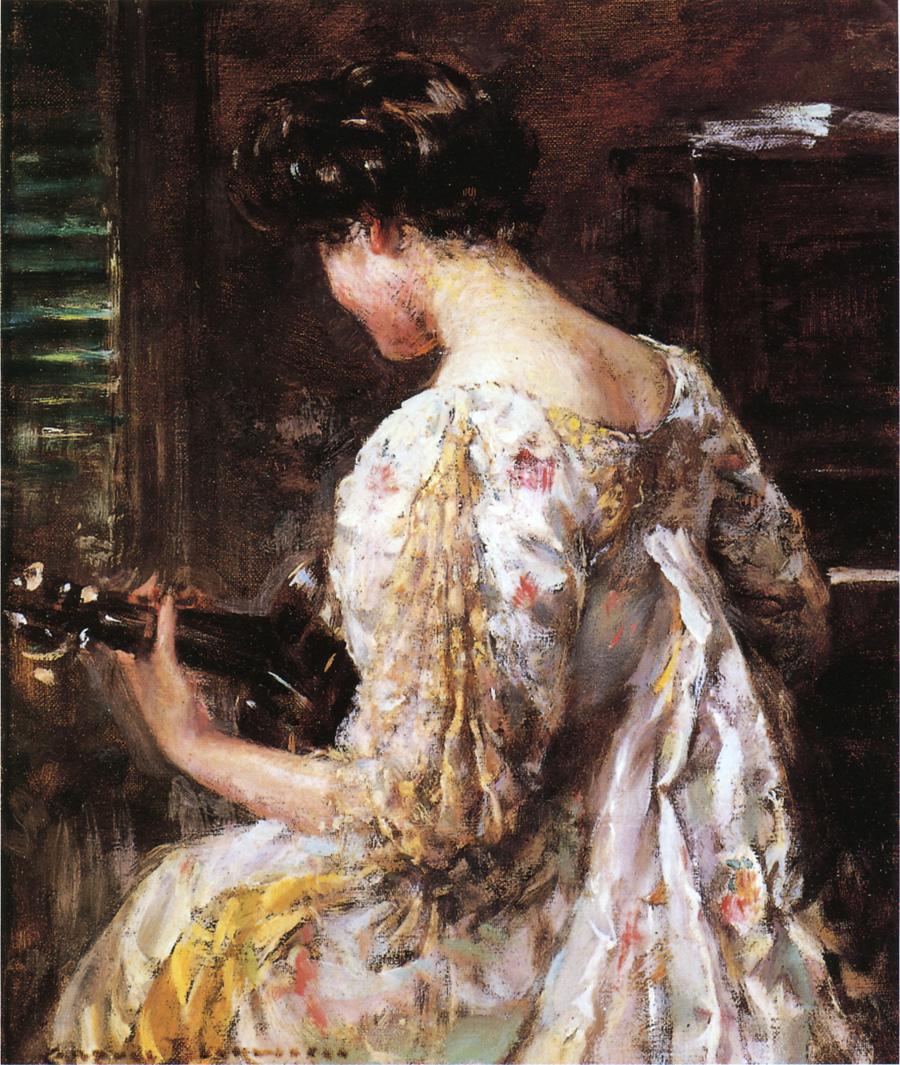 Woman with Guitar, vintage artwork by James Carroll Beckwith, 12x8" (A4) Poster
