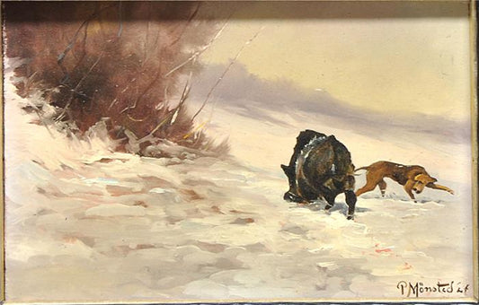 Hounding in Winter, vintage artwork by Peder Mork Mønsted, 12x8" (A4) Poster