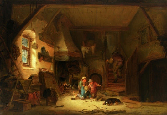 Farm Interior with Children Playing, vintage artwork by Isaac van Ostade, 12x8" (A4) Poster