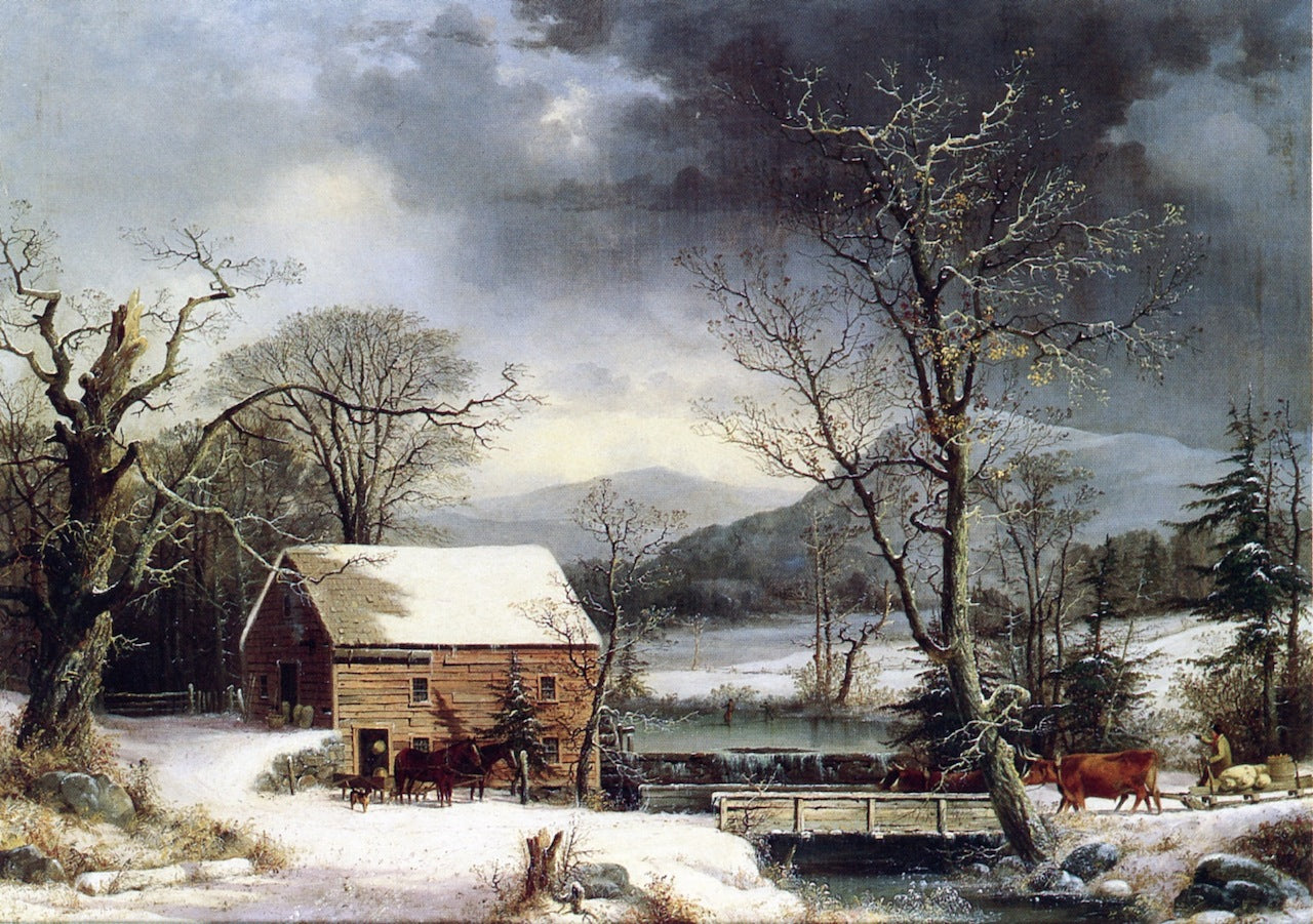 At the Mill, Winter, vintage artwork by George Henry Durrie, A3 (16x12") Poster Print