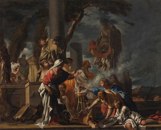 King Solomon Sacrificing to the Idols, vintage artwork by Attributed to Sebastien Bourdon, 12x8" (A4) Poster