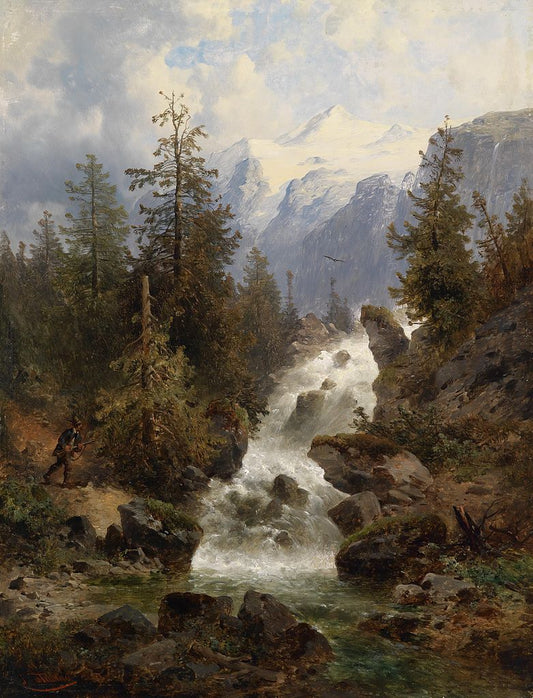 Hunter by  the Waterfall, vintage artwork by Josef Thoma, 12x8" (A4) Poster
