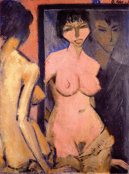 Nude in Mirror with Self-Portrait, vintage artwork by Otto Mueller, 12x8" (A4) Poster