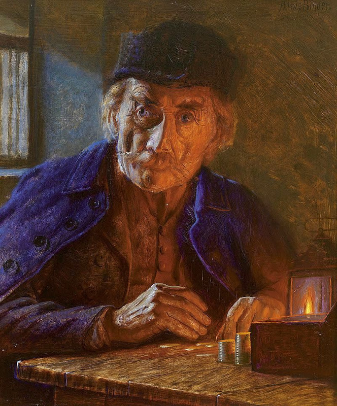 Old man counts the coins by candlelight by Alois Binder,A3(16x12")Poster
