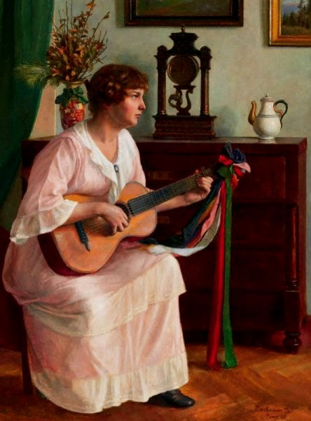 Woman playing a guitar by Karoly Bachmann,16x12(A3) Poster