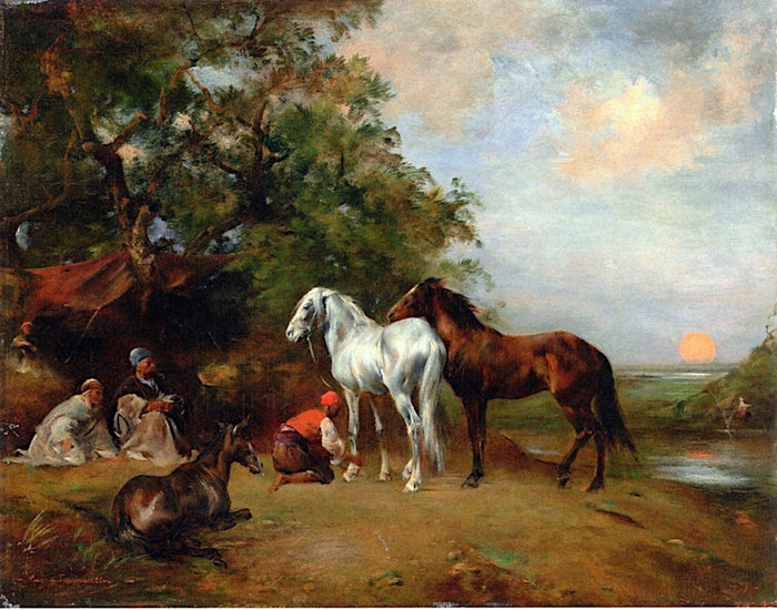 Sunset, Arab Harnessing a Brown Horse and a White Horse, vintage artwork by Eugène Fromentin, A3 (16x12