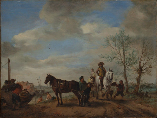 A Man and a Woman on Horseback, vintage artwork by Philips Wouwerman, 12x8" (A4) Poster