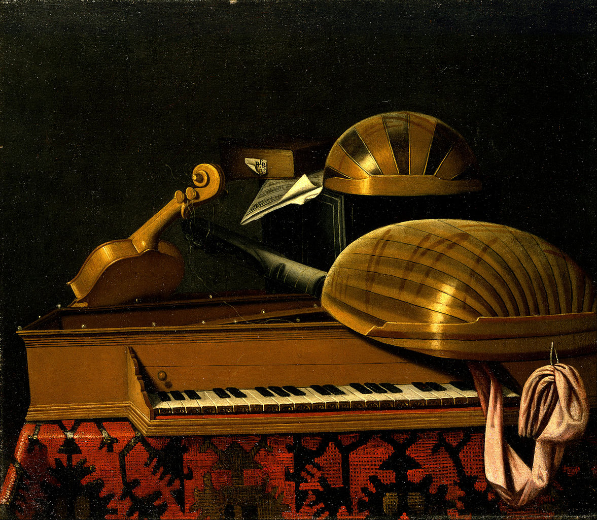 Still Life with Musical Instruments and Books, vintage artwork by Bartolomeo Bettera, 12x8" (A4) Poster