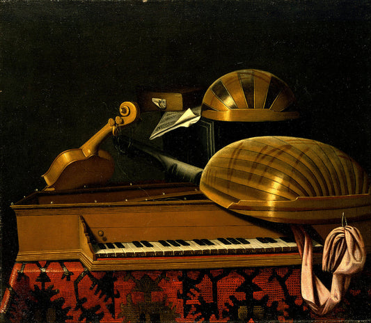Still Life with Musical Instruments and Books, vintage artwork by Bartolomeo Bettera, 12x8" (A4) Poster