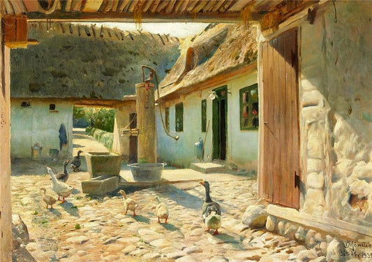 Geese on the cobblestones in the courtyard on a summer, vintage artwork by Peder Mork Mønsted, 12x8" (A4) Poster