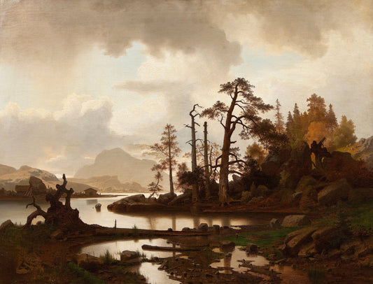 Forest Landscape with Lake, vintage artwork by Erik Bodom, 12x8" (A4) Poster
