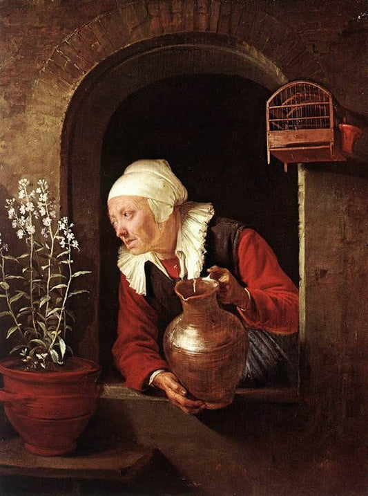 Old Woman with Jug at a Window, vintage artwork by Gerrit Dou, 12x8" (A4) Poster