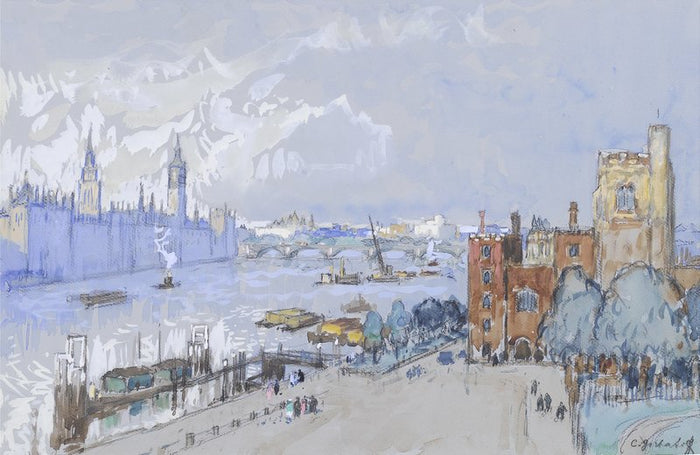 The Houses of Parliament and Lambeth Palace, London, vintage artwork by Konstantin Gorbatov, 12x8