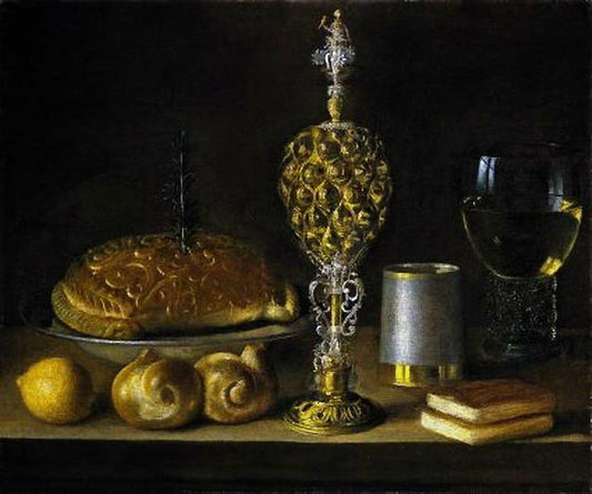 Pies and drinking containers, vintage artwork by Sebastien Stoskopff, 12x8" (A4) Poster