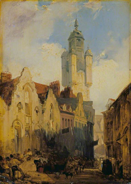 Bergues:  Market Day, vintage artwork by After Richard Parkes Bonington, A3 (16x12") Poster Print