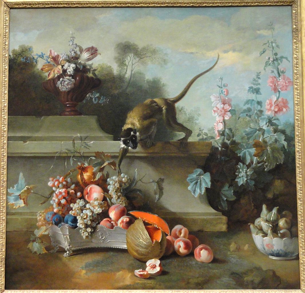 Still Life with Monkey, Fruit and Flowers, vintage artwork by Jean-Baptiste Oudry, 12x8" (A4) Poster