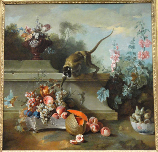 Still Life with Monkey, Fruit and Flowers, vintage artwork by Jean-Baptiste Oudry, 12x8" (A4) Poster